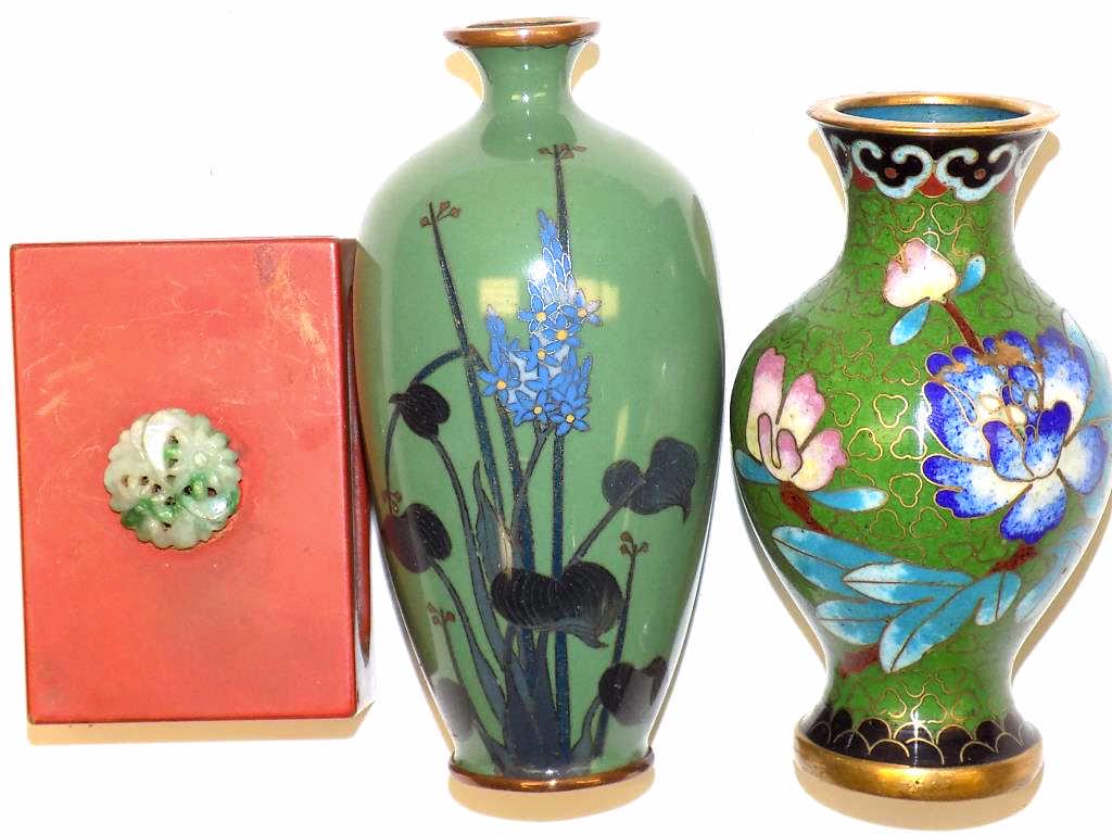 CHINESE MINI CLOSONNE VASES & JADE MATCH HOLDER (1 of 2)