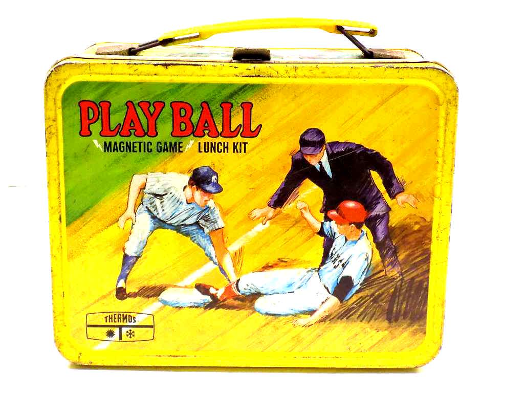 VINTAGE 1969 PLAY BALL BASEBALL LUNCH BOX: Vintage King Seeley Thermos Co. 1969 Play Ball Baseball Lunch Box. Magnetic Game on Rear. Approximately 7" x 8.50"