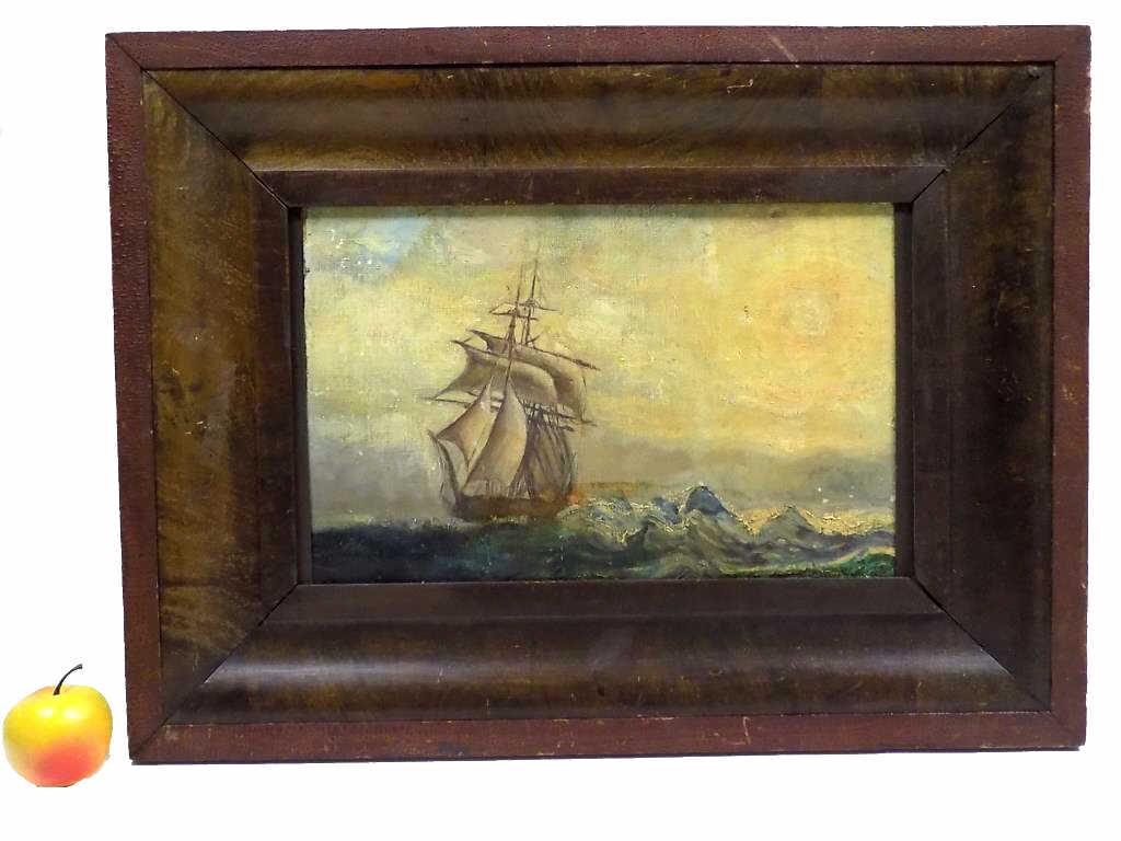 ANTIQUE SAILING SHIP MARITIME PAINTING: Antique Sailing Ship Maritime Painting. Oil on Artist Board. 11.50" x 16". 19" x 25.50 Alligatored Walnut Ogee Frame. Spurious Attribution to Arthur Wardle Rear Frame.