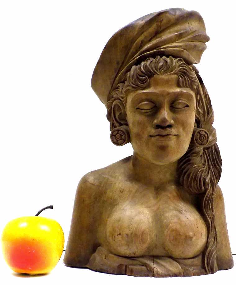 POLYNESIAN FOLK ART NUDE BUST CARVING: Antique Polynesian Folk Art Nude Bust Exotic Wood Carving. 8" x 12". 6 lbs