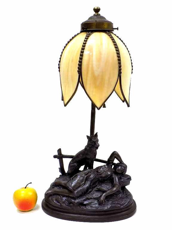 VICTORIAN BRONZED FIGURAL SLAG GLASS LAMP SIGNED (1 of 5)