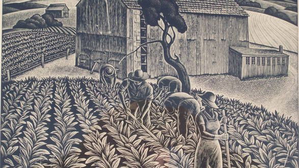 TOBACCO COUNTRY WPA STYLE ENGRAVING: E. HUBERT DEINES AMERICAN. Pencil titled & signed. Framed & matted. Vanderpool Collection Chicago label verso. H 10" x W 14"