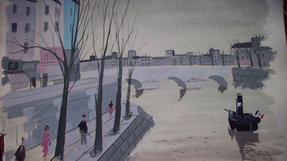 ANTOINE VILLARD VILLAGE RIVERSIDE GOUCHE: ANTOINE VILLARD French 1867-1934. Watercolour watercolor gouche on cardstock artist paper. H 22"" x L 30"". Signed lower right. several faint drip marks.