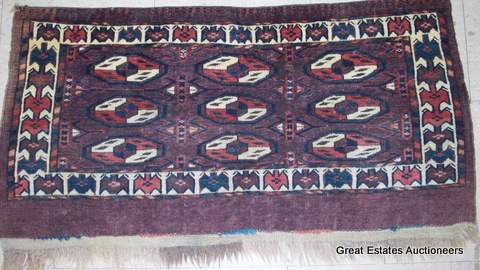 ANTIQUE PERSIAN SHAHSAVEN MAFRASH PRAYER RUG: 19th Century Antique persian Mafrash mat / prayer rug / Tapestry . 1 sided fringe. H 17 1/2"" x L 13 1/2"" Condition: 1 trimmed edge.