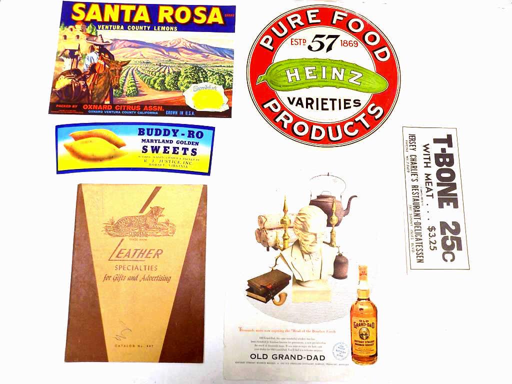 VINTAGE 1940'S ADVERTISING EPHEMERA LOT: Vintage 1940's Advertising Ephemera Lot. Including Old Grand Dad Whiskey Ad (Camel Cigarettes on rear) Supreme Leather Specialties Items Catalog, Sunkist Ventura County Lemons Santa Rosa, Buddy Ro Mar