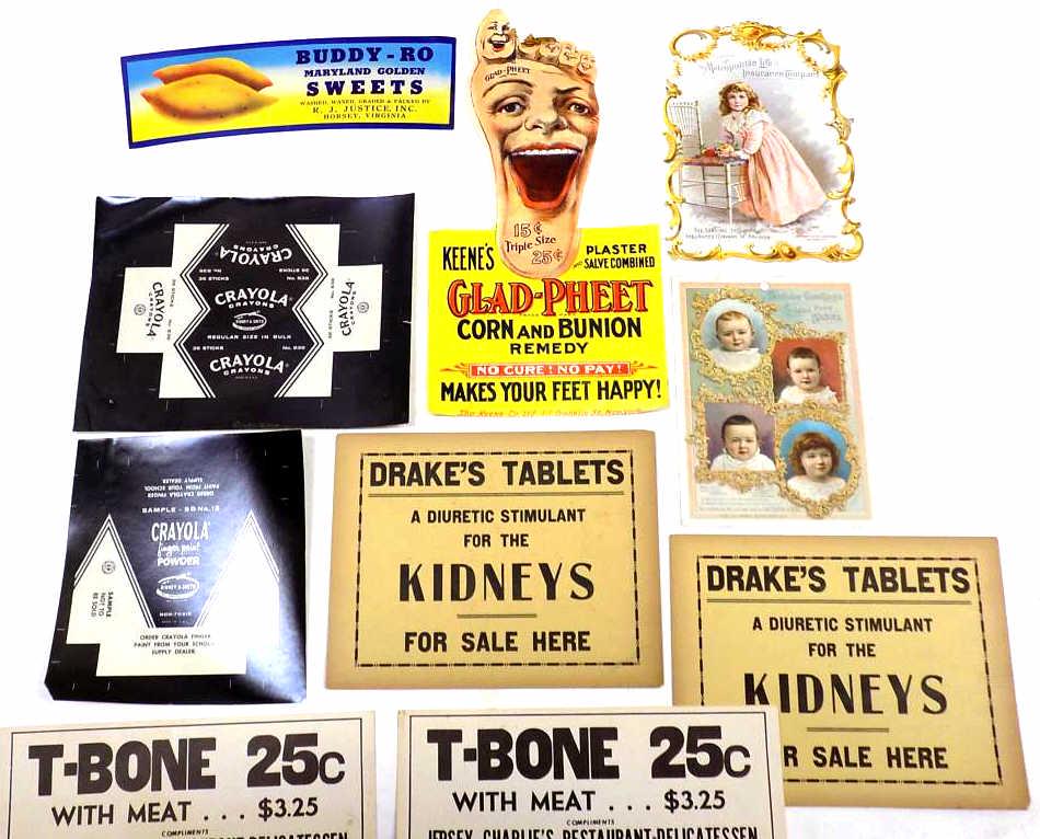 VINTAGE 1940'S ADVERTISING EPHEMERA LOT: Vintage 1940's Advertising Ephemera Lot. Including Glad Pheet Corn and Bunion Remedy, 2 Drake's Tablets Stimulant For Kidneys, Crayola Crayons, Crayola Finger Paint, 2 Jersey Charlie's T Bone Steak Ad