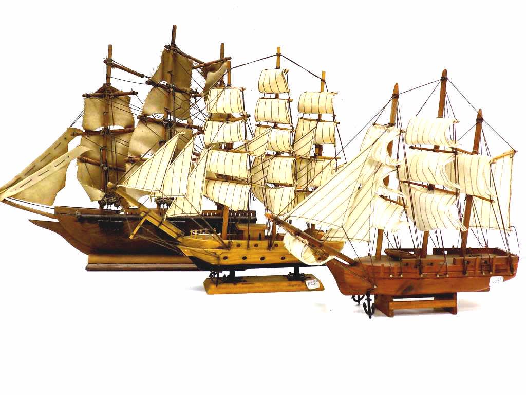 VINTAGE WOODEN CLIPPER SHIP MODELS LOT: Vintage Wooden Clipper Ship Models Lot of 3. Tallest Height 15" x Length 16"