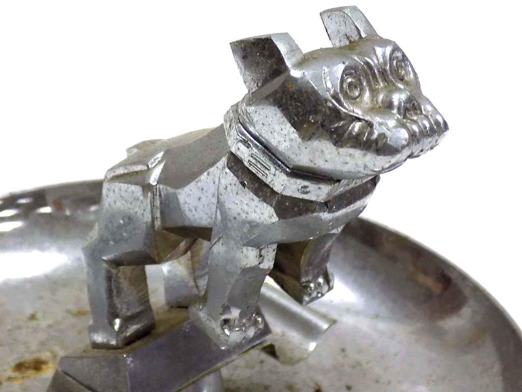 STREAMLINE DECO MACK TRUCK HOOD DOG CHROME ASHTRAY: Streamline Deco Chrome Mack Truck Hood Dog Ornament Ashtray. Height 5" Diameter 7"