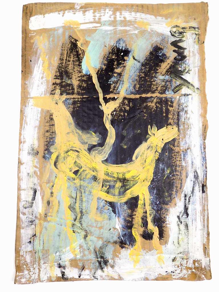 PURVIS YOUNG - FOLK ART HORSES PAINTING: Purvis Young - American 1943-2010 - Folk Art Painting of Horses. Paint on Found Cardboard. 11.50" x 17"