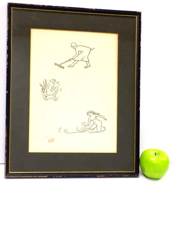 ARISTIDE MAILLOL - NUDE FIGURES WOODCUT PRINT: Aristide Joseph Bonaventure Jean Maillol French 1861 - 1944 - Limited Edition Woodcut Print Depicting a Lady with Rake and 2 Nudes. Artist Numbered 18/20, Monogram Lower Left. New York Label Rear. 13.