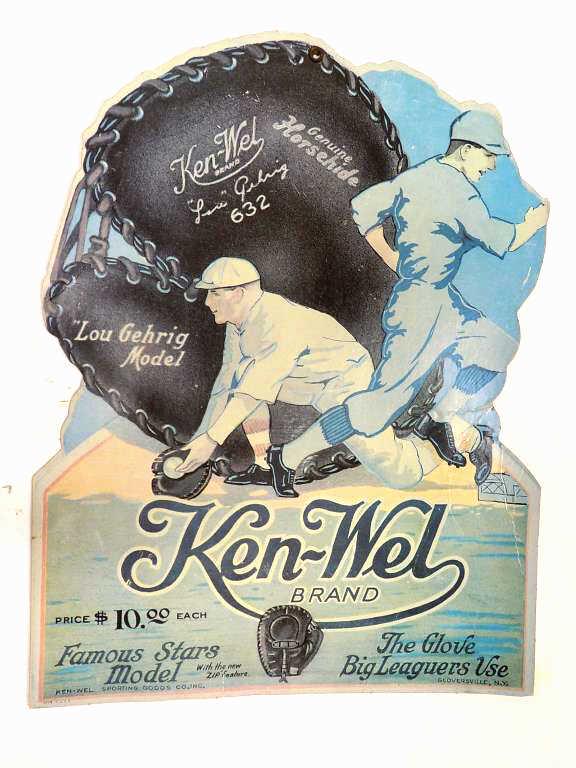 KEN WEL BASEBALL GLOVE ADVERTISING SIGN LOU GEHRIG: Vintage Ken Wel Brand Famous Stars Model Cardboard Advertising Sign. Lou Gehrig Model Featuring Lou Gehrig. Gloversville New York. 10.50" x 13.50"