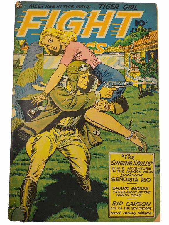 RARE FICTION HOUSE FIGHT COMICS No. 38 COMIC BOOK: Rare Fiction House 1945 Fight Comics No 38 Comic Book. Action Cover Reads: Meet Her In this Issue ... Tiger Girl (Debut) Vibrant Graphics. Complete, Very Good As is condition.