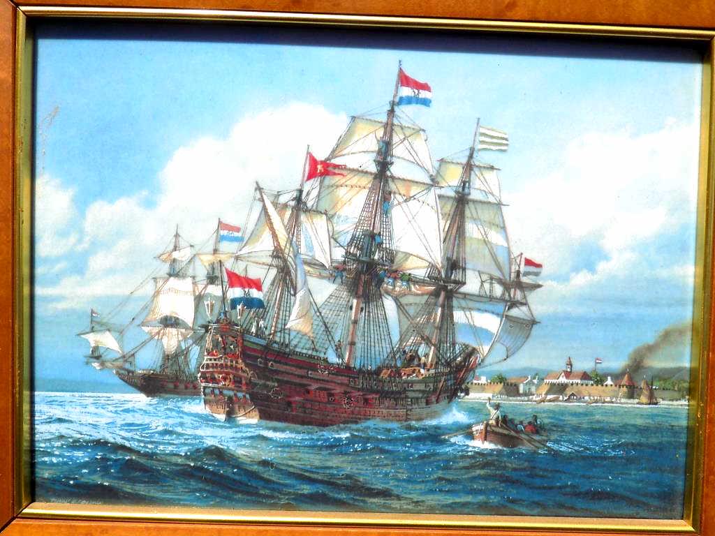 THOMAS WESLEY FREEMAN - PRINS WILLEM SHIP PLAQUE: Franklin Porcelain Company Thomas Wesley Freeman Art Work Porcelain Plaque of The Pins Willem Warship. Certificate of Authenticity Rear. 10.50" x 13.25" Birdseye Maple Frame with Plaque.