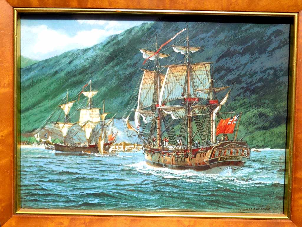 THOMAS WESLEY FREEMAN - RESOLUTION SHIP PLAQUE: Franklin Porcelain Company Thomas Wesley Freeman Art Work Porcelain Plaque of The Resolution Expedition Ship of Captain James Cook. Certificate of Authenticity Rear. 10.50" x 13.25" Birdseye Maple Fra