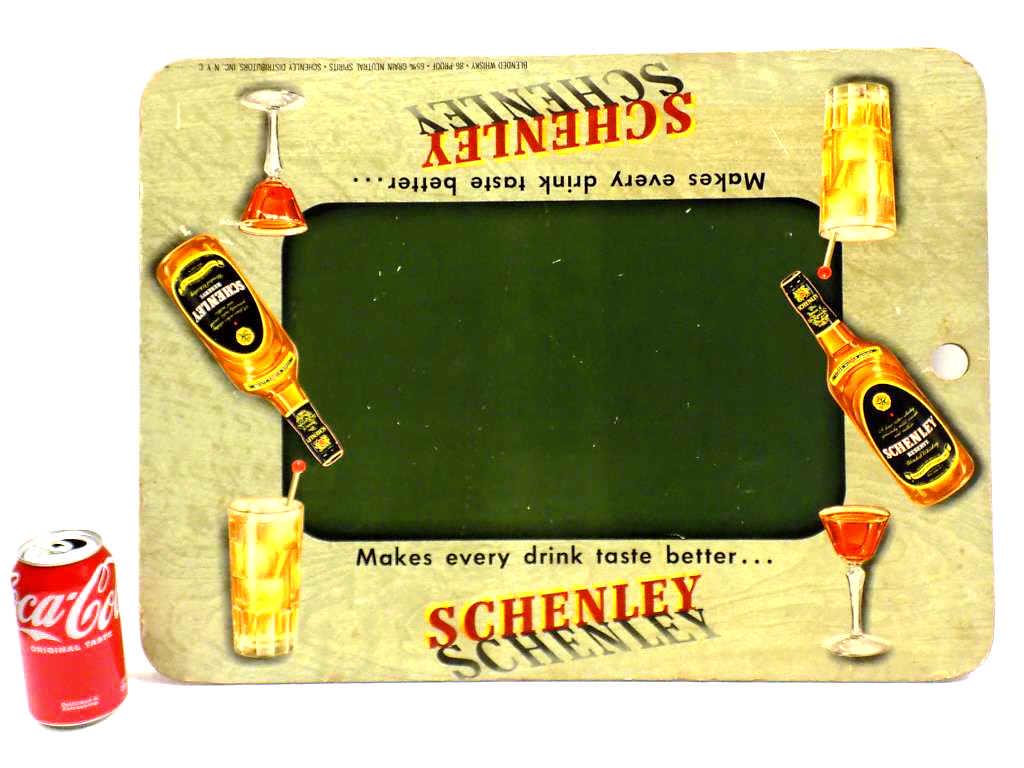 1950'S SCHENLEY WHISKY BAR ADVERTISING SIGN: Vintage 1950's Schenley Blended Whisky Bar Advertising Sign. Dry Erase Cardboard For Drink Specials. Double Sided. 17.50" x 24"