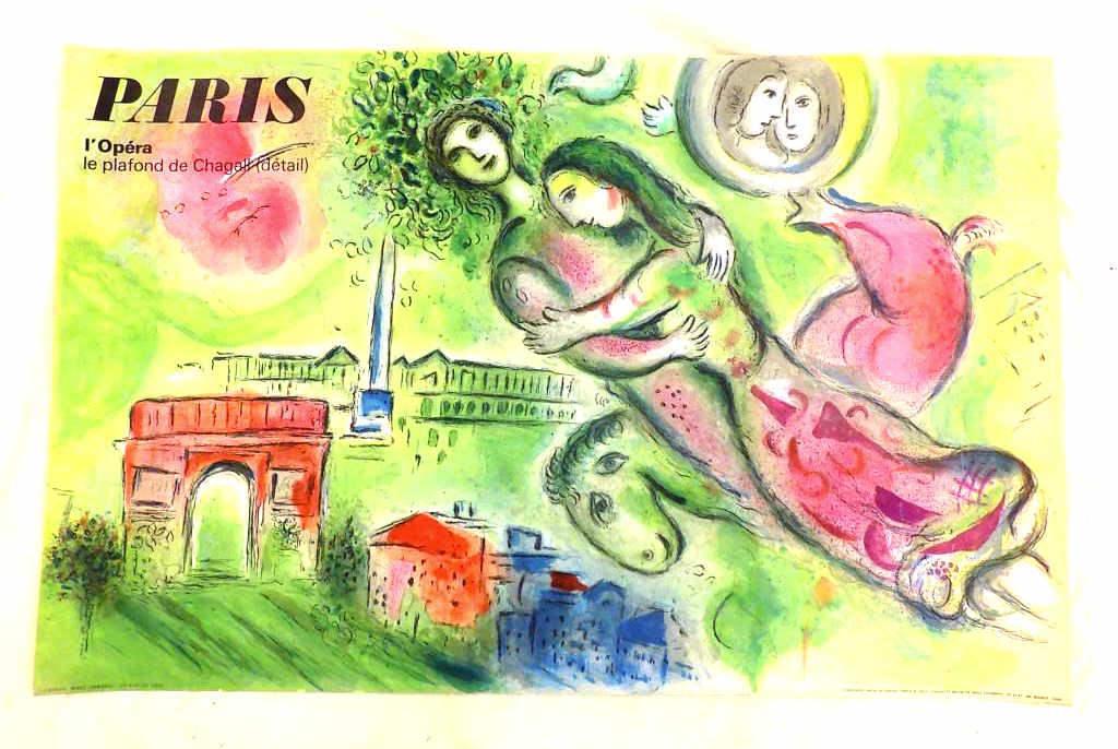 MARC CHAGALL BIG PARIS OPERA MOURLOT LITHOGRAPH: Marc Chagall 1887-1985 French American New York - Big Paris L'Opera / Opera Color Lithograph Poster. Mourlot Publishing Paris France. 25" x 39" Very Good Condition, tiny edge tear lower right margin,