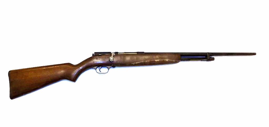 JC HIGGINS MODEL 10125 .38 CALIBER RIFLE: Vintage Sears Roebuck JC Higgins Model 10125 30-06 Caliber Rifle. 2 1/2" and 3" Shells. Bolt Action. Total Length 45". Mahogany Body (Old Repair) NICS check required.