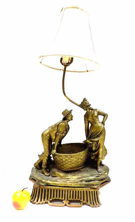 VICTORIAN GILT BRONZED COURTING SCENE LAMP: Victorian Gilt Bronzed Metal Sculpted Lamp. Courting Scene with Gent Courting a Maiden. Mounted on Reticulated Wooden Base (As is). Statue Height 17" inc. Base. Total Height 34". Old repair. Workiing 