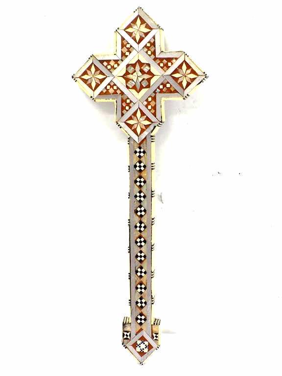 EXQUISITE PEARL ALBALONE BONE INLAID WOOD CROSS: Exquisite Mother of Pearl, Abalone, Ebony and Bone Inlaide Wooden Cross. Extraordinary All Around Craftsmenship. Length 9.25"