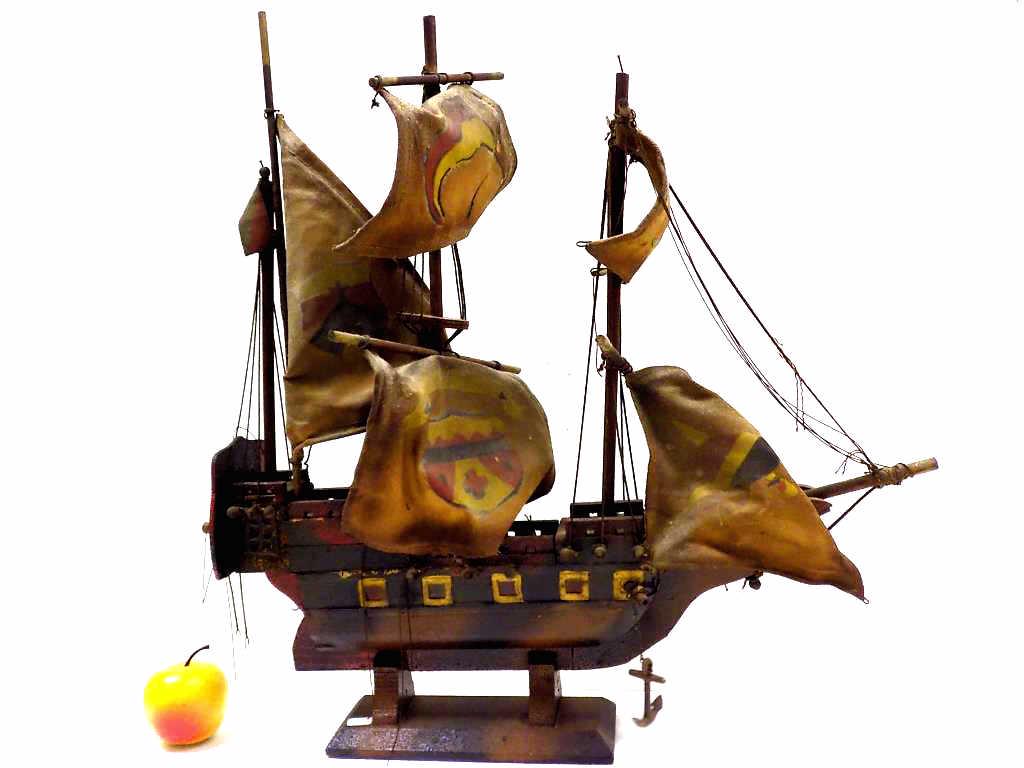 VINTAGE WOODEN GALLEON SHIP MODEL: Vintage Wooden Galleon Ship Model. Painted Sails. Height 22" x Length 22.50"