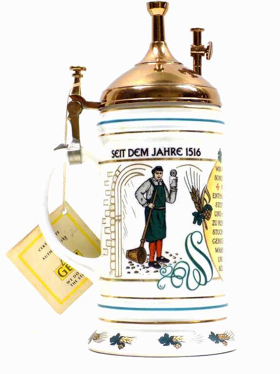 GERZ GERMAN PURITY LAW BEER BREW STEIN: Gerz German Purity Law Beer Brewery Porcelain Stein. Copper Plated Beer Still Shaped Lid. Gold Gilt Highlights. Limited Edition Signed Base.With Tag. Height 10"