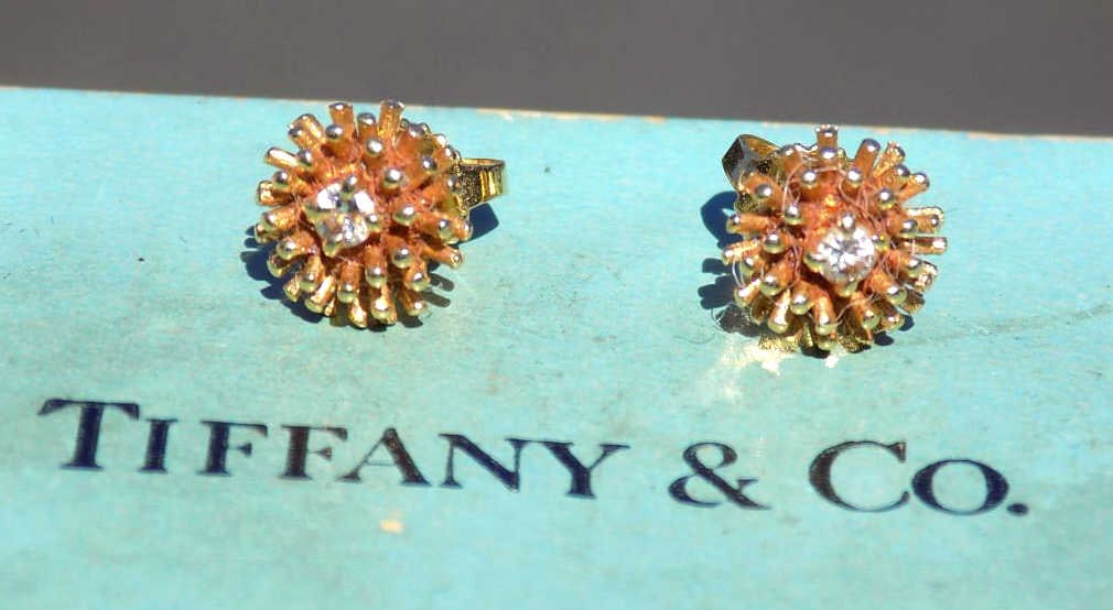 TIFFANY & CO 18K GOLD DIAMONDS STAR BURST EARRINGS: Pair Tiffany & Co. Solid Yellow 18K Gold and Diamond Star Burst Earrings. With Box.