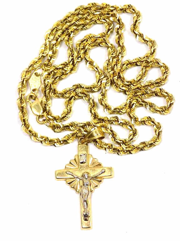 14K GOLD ROPE NECKLACE & CROSS PENDANT: Solid Yellow 14K Gold Rope Necklace with Solid 14K Gold Cross Pendant. Jesus in White Gold. Length 20" 11.4 grams