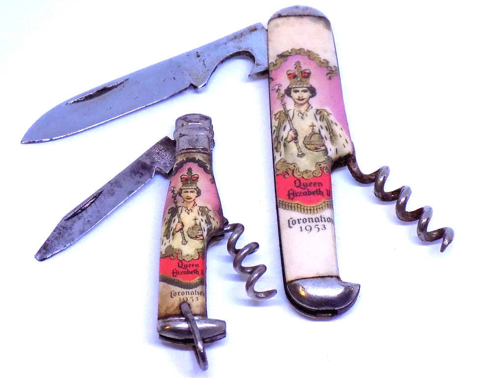 RICHARDS SHEFFIELD QUEEN ELIZABETH II CORKSCREWS: Rare Richards Sheffield England Manufactured Queen Elizabeth II Coronation 1953 Pen Knife / Bottle opener / Corkscrew Set with Abalone Handles.2 3/4" & 2"