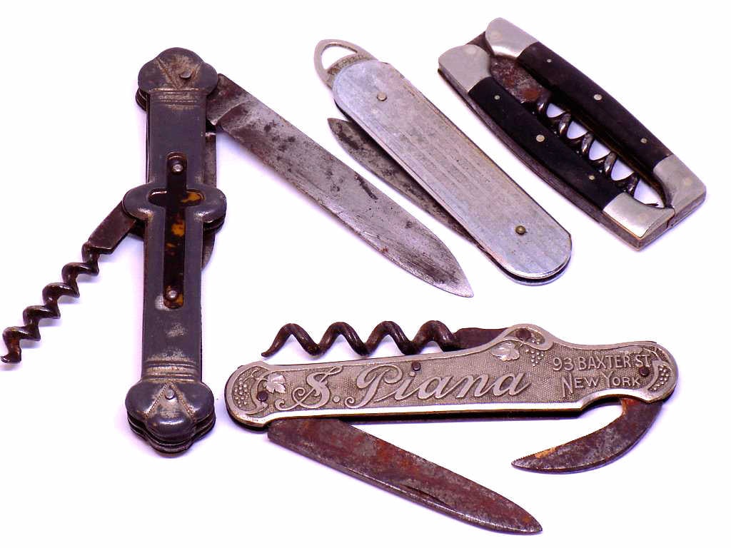 RARE CORKSCREWS W/ PIANA ADVERTISING & RELIGIOUS: Rare Corkscrew Lot. Featuring S. Piana Baxter Street New York Wines and Liquors Importer Wholesaler Store Advertising Embossed Silverplate Folding Pocket Knife Corkscrew Bottle Opener 3.50", German Si