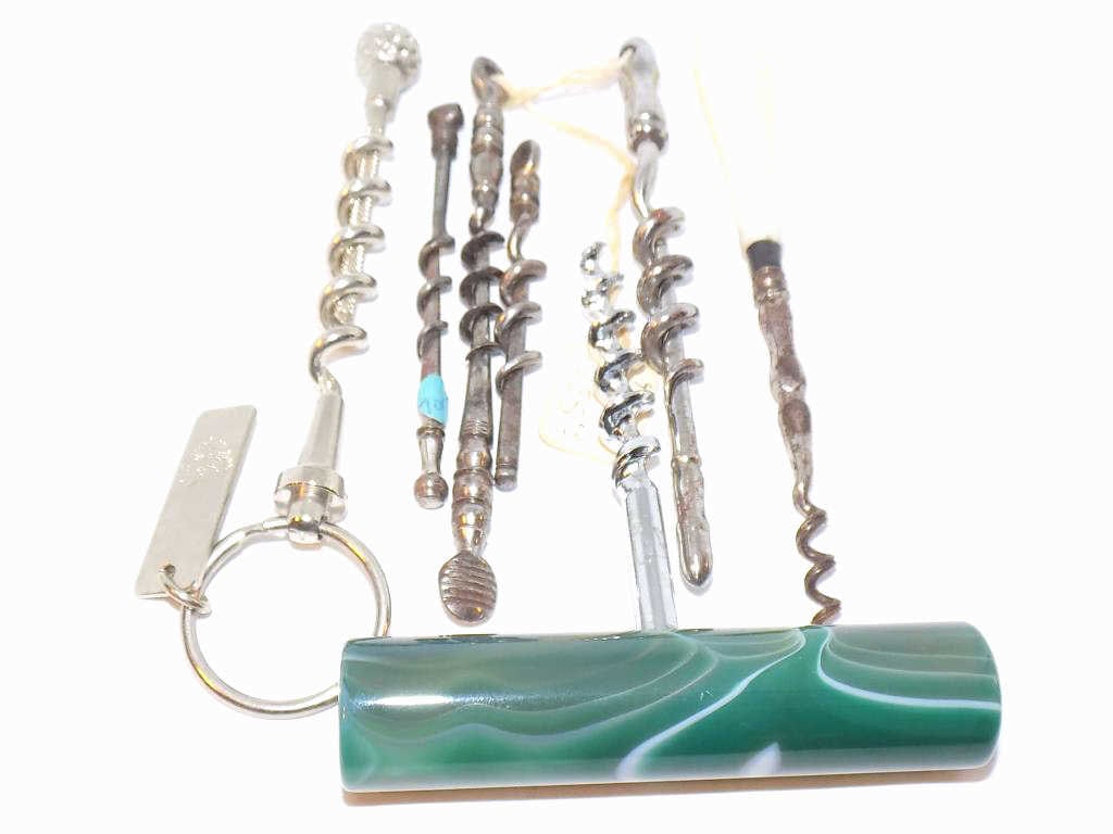 RARE ANTIQUE CORKSCREWS STIRRERS BAR WARE LOT: Rare Group of 10 Antique Corkscrews Stirrers Bar Ware Lot. Including: Stirrers L'Esprit & Levin Advertising with 4 others, Green Quartz Handle, Torchiere Mother of Pearl Carved Handle, 1 mini 7 Pieces