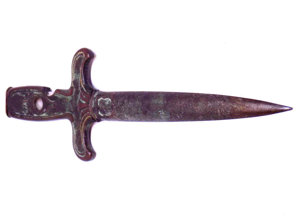ROSTFREI BRONZE DAGGER FORM CORKSCREW CUTTER: Rostfrei Bronze Dagger Form Corkscrew with Inset Cutter Handle. Length 8"