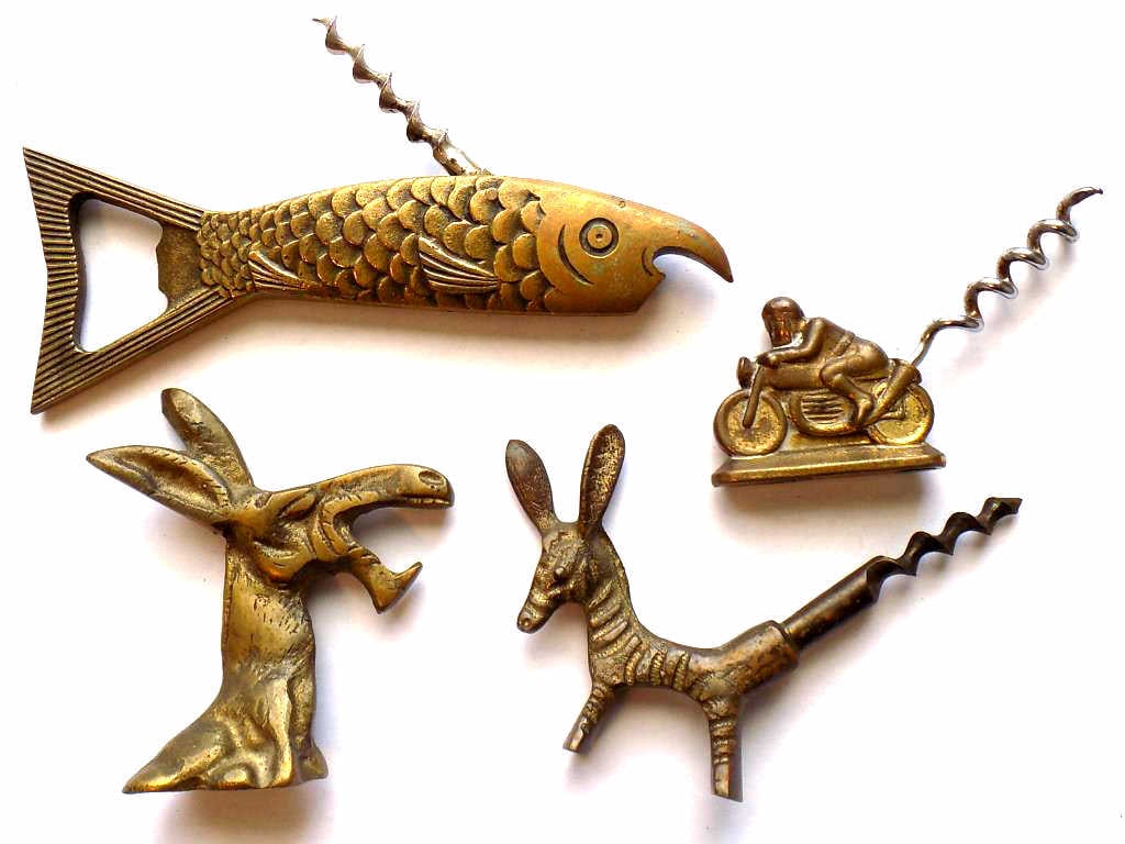 RARE FIGURAL CORKSCREWS BOTTLE OPENERS LOT: Rare Figural Corkscrews / Bottle Openers Lot. Including: Gilt Bronze Motorcycle Man, Cast Iron Zebra, Brass Donkey, Brass Fish Opener / Corkscrew. 4 Pieces