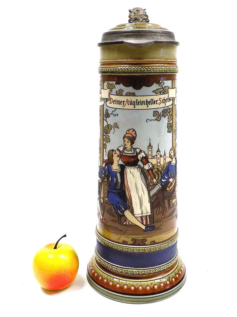 METTLACH BEER STEIN No. 2286 DRINKER BAUMBACH POEM: Large Mettlach Pottery Beer Stein No. 2286. Etched Figural Scene With Drinker After The 1876 German Poem Die Lindenwirtini By Rudolph Baumbach. Set to Music By Franz Wilhelm. The Poem Honors Schumache