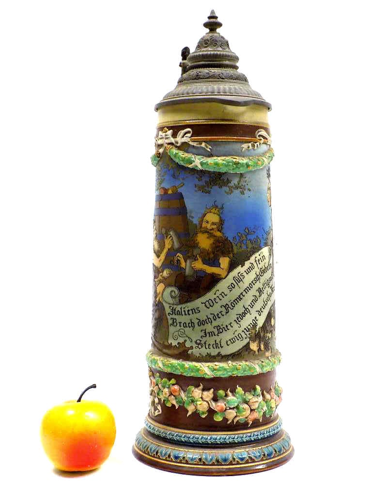 METTLACH BEER STEIN No 2095 ROMANS GERMANS SCHLITT: Large Mettlach Pottery Beer Stein No. 2095. Etched Romans and Drinking German Figures. Central Image Taken From a Mural by Artist Heinrich Schlitt, Destroyed in World War II . Upper and Lower Floral S