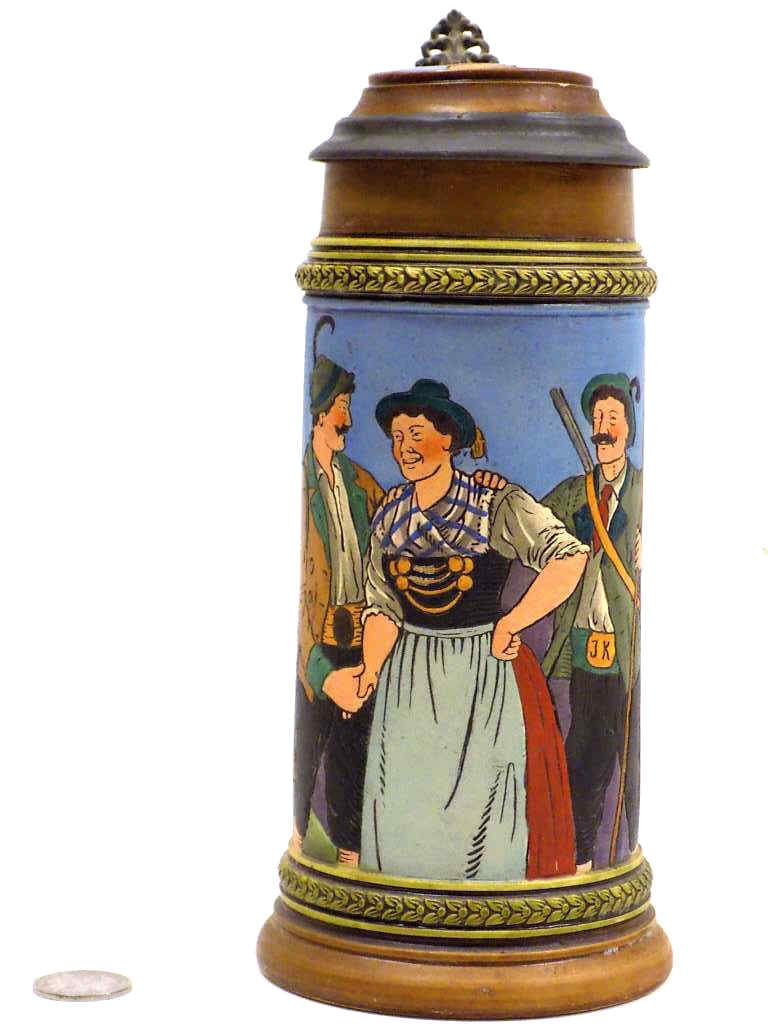 METTLACH TYPE HUNTERS SAYING BEER STEIN: Antique German Mettlach Style Pottery Beer Stein. Incised Scene with Hunters and Saying. Deer Lid. Fancy Pewter Thumb Grip. 3/4 Liter Height 9". Signed Germany 1718