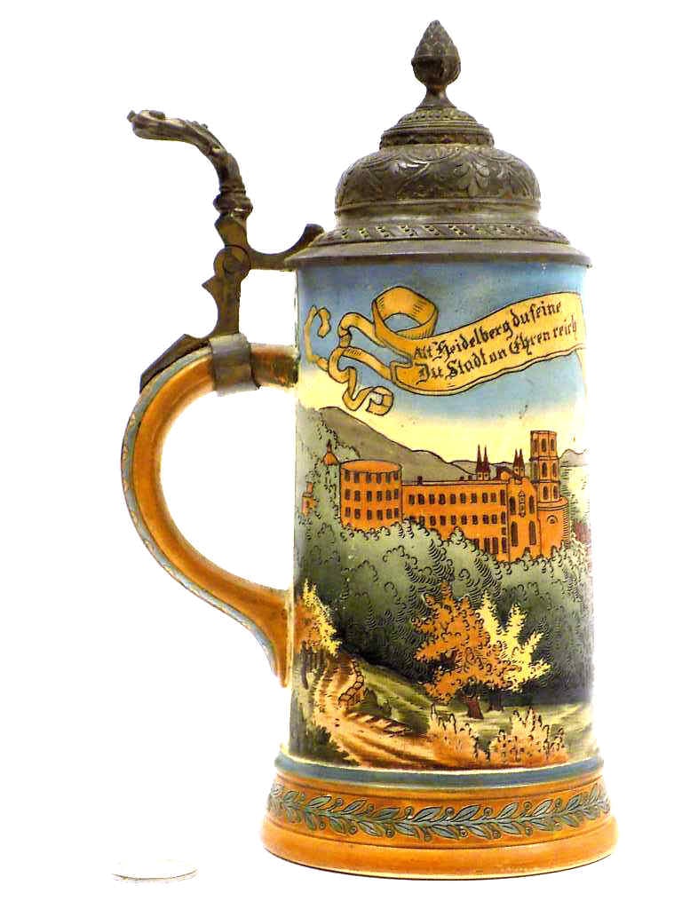 HB HAUBNER REUTHER No 424 HEIDELBERG BEER STEIN: HB Haubner & Reuther Pottery Beer Stein No. 424 Incised Scene of Heidelberg Germany. Fancy Pewter Lid, Barley Decorated Base and Handle. 1/2 Liter. Height 9". Signed, Numbered Base.