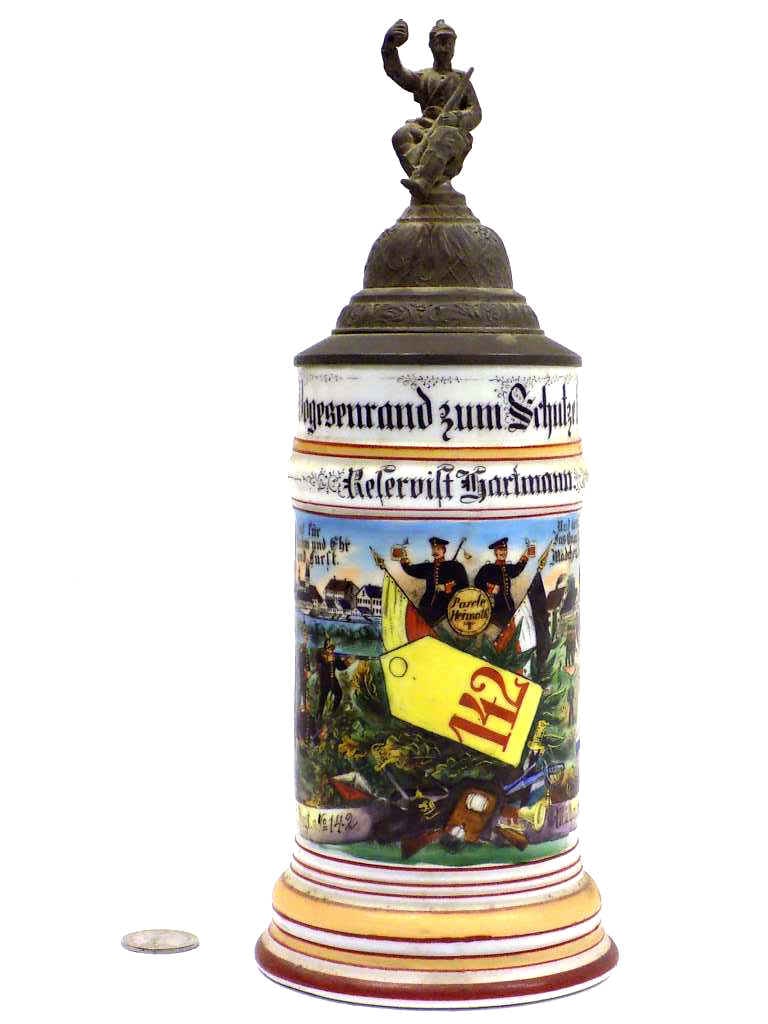 GERMAN REGIMENTAL MILITARY LITHOPANE BEER STEIN: Antique German Regimental Military Beer Stein. Company 7 International Regiment No. 142 . Depicting Numerous Battle Scenes. Issued to Mulgausen 1902-1904. Figural Soldier Pewter Lid Finial, Military S