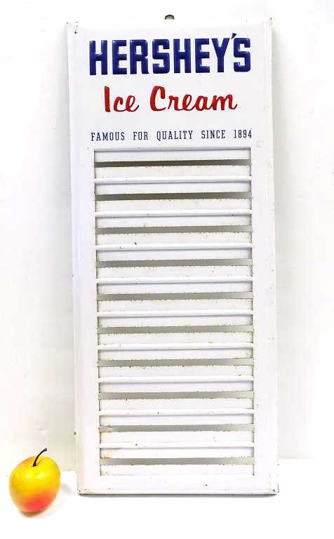 1950'S HERSHEY'S ICE CREAM EMBOSSED METAL SIGN: Vintage 1950's Hershey's Ice Cream Menu Sign. Embossed Metal Sign, Painted in Red, White and Blue. 11" x 26"