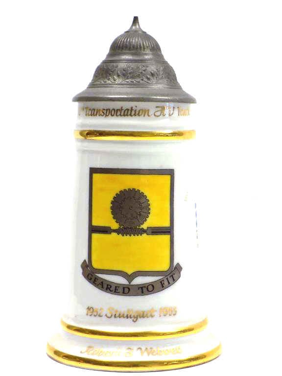 AMERICAN COLD WAR MILITARY REGIMENTAL BEER STEIN: American Cold War Military Regimental Beer Stein. Made in Germany Circa 1950's. Issued to Robert S. Webber. From the 10th Transportation HV Truck Company.1952 - 1953 Stuffgart. Gold Gilt Decorated Por
