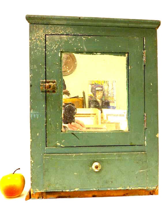 COUNTRY MEDICINE CABINET IN OLD GREEN PAINT: Antique Country Medicine Cabinet in Old Green Paint. Oak and Pine Wood. Mirror Door with Lower Drawer. 19" x 7" x 14.50"