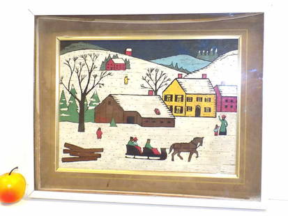 AMERICAN FOLK ART COUNTRY WINTER PAINTING: American Folk Art Country Winter Painting. Circa 1950's. Oil on Wood Panel. Shadowboxed Frame 16" x 20"