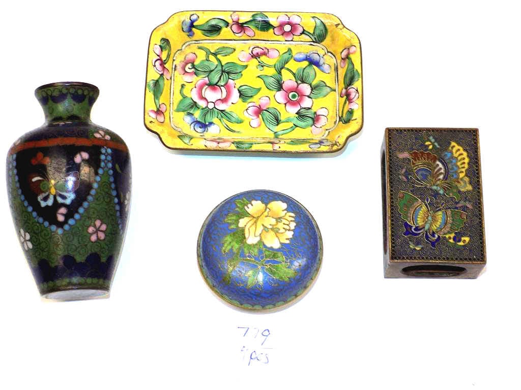 CHINESE CLOSONNE GROUP: Chinese Closonne Group. Including: Miniature Butterfly Floral Vase, Floral Dish, Butterfly Match Box Holder, Miniature Covered Pill Box. 4 Pieces