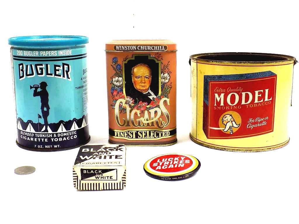 VINTAGE TOBACCO ADVERTISING TINS W/ CIGARETTE PACK: Vintage Tobacco Advertising Lot. Including 1950's Bugler Cigarette Tobacco Tin with Lid, Model Smoking Tobacco Tin, 1940's 50's Lucky Strikes Cigarettes Button, Rare Black and White Unopened Pack of C