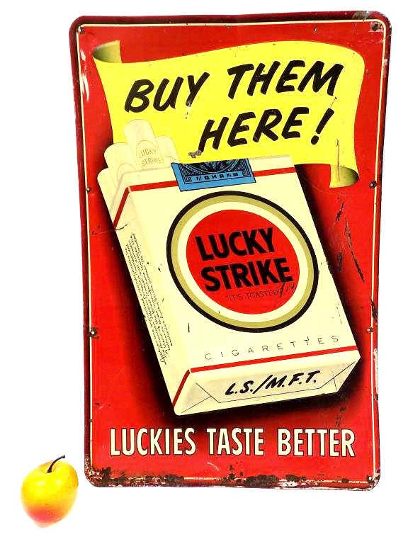 VINTAGE LUCKY STRIKE CIGARETTES ADVERTISING SIGN: Vintage 1940's 50's Embossed Tin Metal Store Advertising Sign. Buy Them Here ! Lucky Strike Cigarettes Luckies Taste Better 15.50" x 24" Becoming Harder to Find.