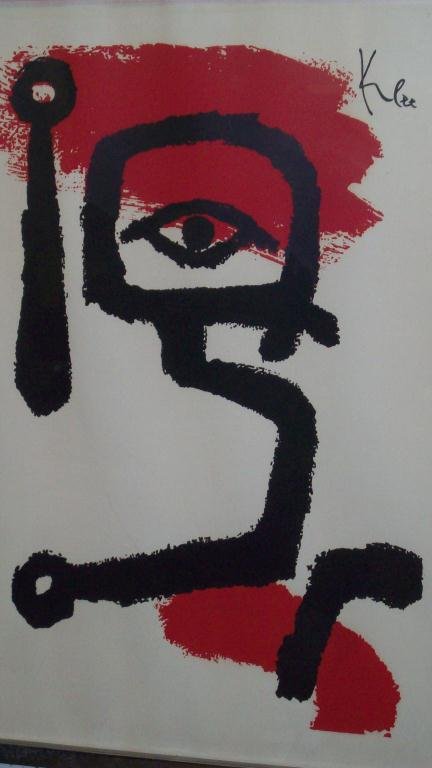 PAUL KLEE " KETTLE DRUMMER" POCHOIR: American 1879-1940. Color pochoir depicting abstract face drumming . Signed in stencil. Approximate (due to framing) H 26 1/2" x L 20 1/2". Modern Classics Inc. New York label on verso. Series # 218. 