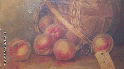 BASKET OF PEACHES STILL LIFE PAINTING: Early 1900's. Signed in painting "From Evelyn Alberti (To) Mrs. P.L. Purdy Downsville N.Y." Oil on Academy Board. H 14" x L 18 1/2" . 1 1/2" Gilt wood frame. Condition: minor flecks of loss, 6 mm punc