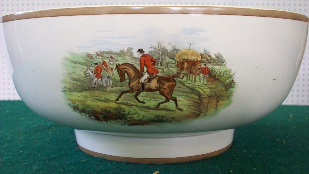 COPELAND SPODE " THE HUNTSMAN " BOWL: 19th Century. Copeland Spode English porcelain center bowl. Hunting vignettes From the original drawings of J.F. Herring. Hand painted transfer. H 4 1/2" x D 10 1/4".