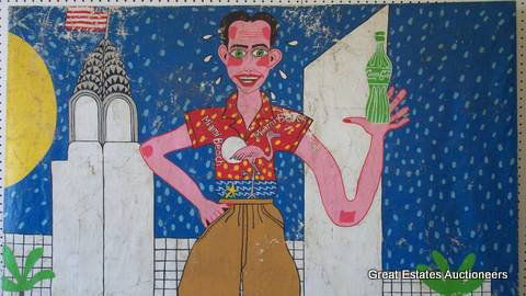 RED GROOMS NEW YORK CITY POP ART PAINTING: Giant folk Pop Art figure holding Coke / Coca Cola Bottle, city scene near Empire State Building with American Flag & Taxi . NYC New York Graffiti Pop Art H 74"" x W 58"" Oil on canvas. Flaking throug