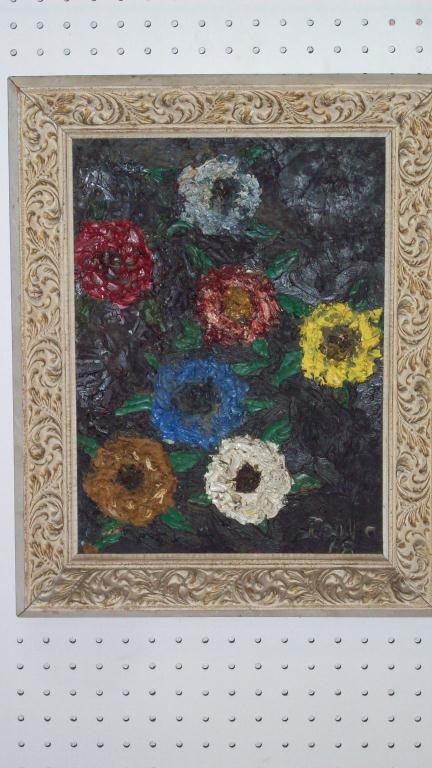 MODERN ABSTRACT FLOWERS IMPOSTO PAINTING: Signed Paula 68 ' Woodstock school Modern abstract art imposto painting of multi color flowers. H 16" x L 12". H 20" x L 16" White painted antique foiliate relief frame