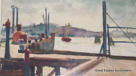 JANE PETERSON (1876-1965) VIEW BY THE DOCK: American harbor dock watercolor painting. Waterfront depicting sailing boat in background. H 13 3/4 x L 19 1/2" sight size. Signed Jane Peterson Lower Right. Framed & Glazed. Provenance: Property of a